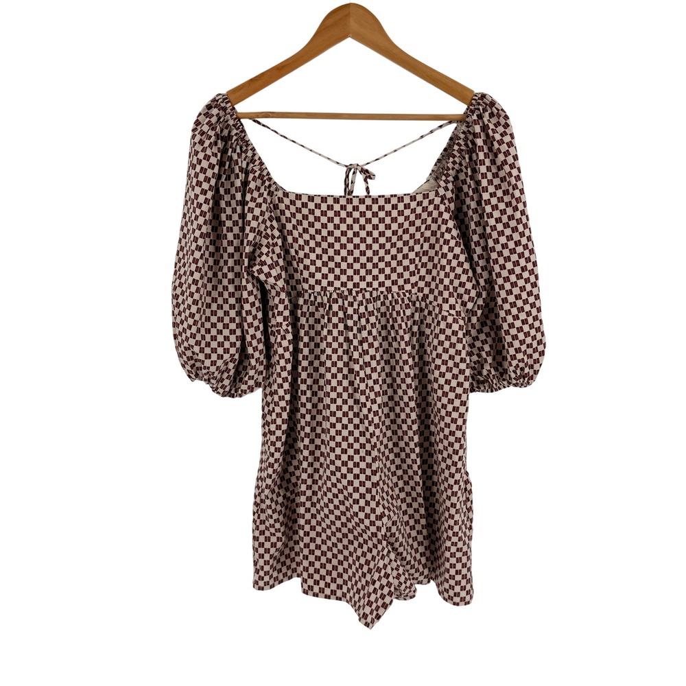 Abercrombie & Fitch Romper Brown Medium Puff Sleeve Checkered Boho Square Neck